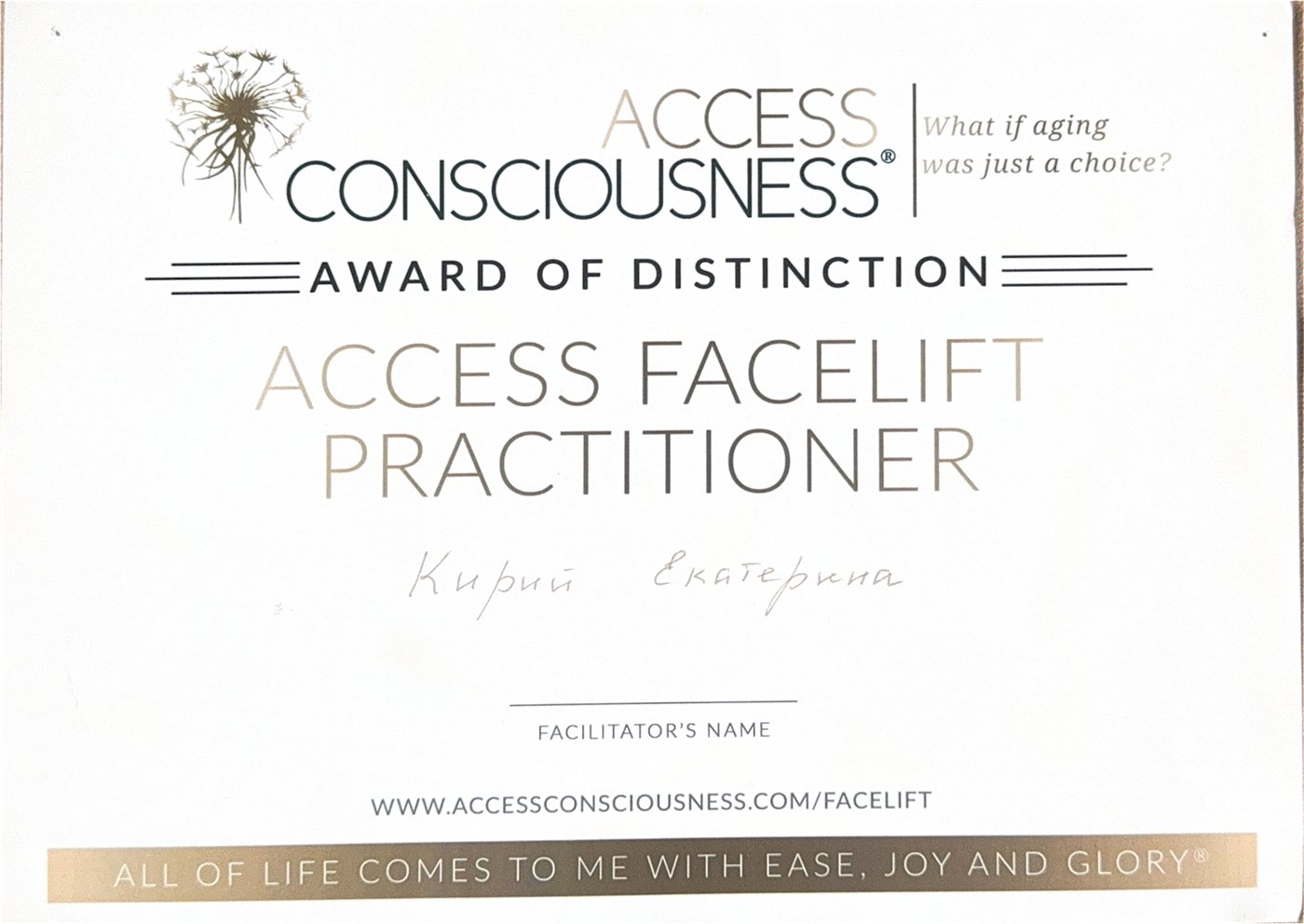 Диплом — Access Facelift Practitioner, Access Consciousness